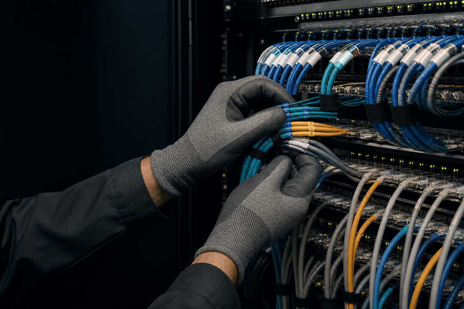 Network technician working with an organized cable identification program